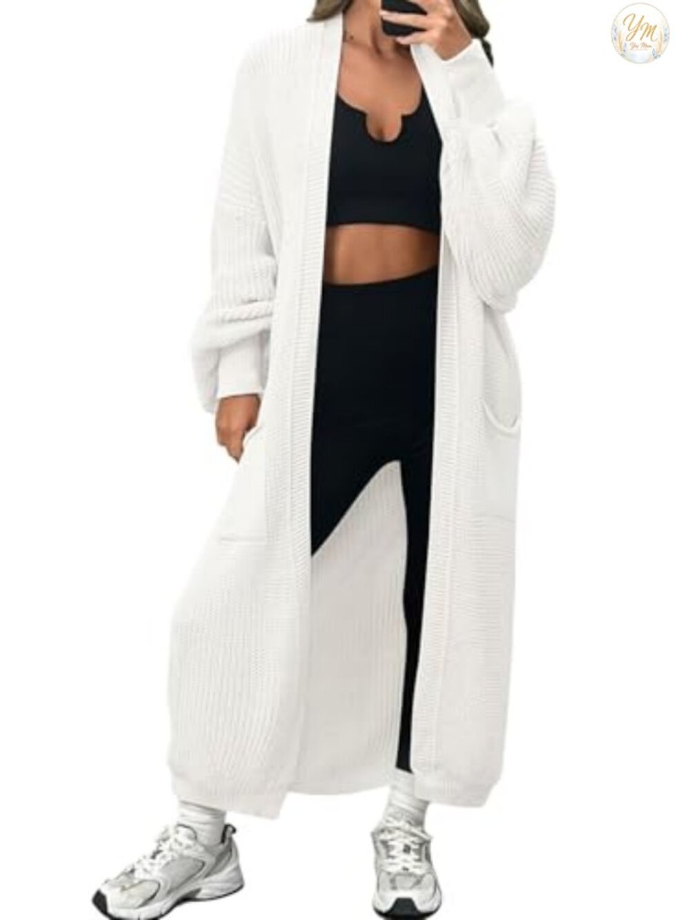 Oversized Long Cardigan Sweater with Pockets Drop Shoulder V-Neck